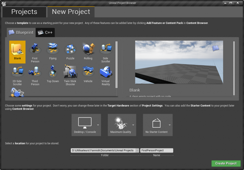 Création du projet Blueprint vide