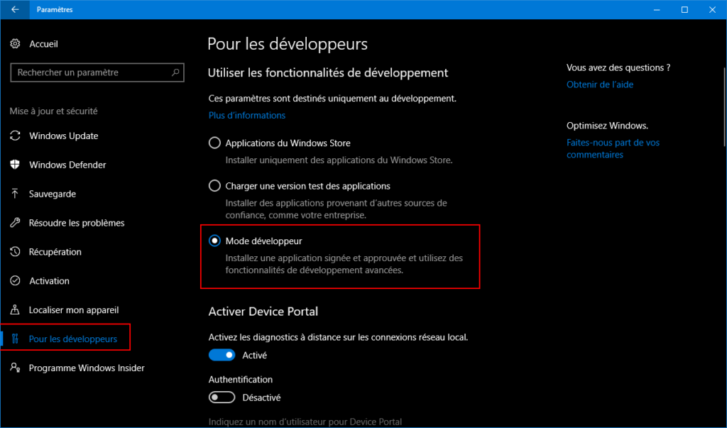 Activation du mode développeur sous Windows 10