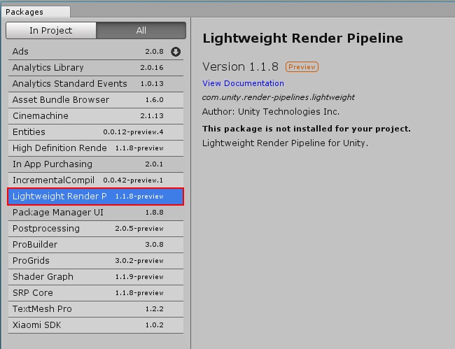 Il faut choisir le paquet Lightweight Render Pipeline et cliquer sur installer