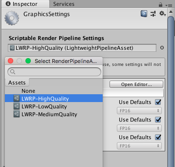 Activation du Scriptable Render Pipeline Asset