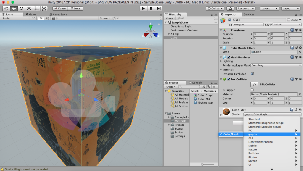 Utilisation du shader crée avec ShaderGraph sur le material du cube