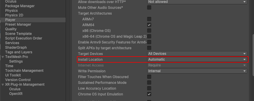 Corriger le problème « Android Install Location Auto » pour Meta Quest avec Unity 2022.2+