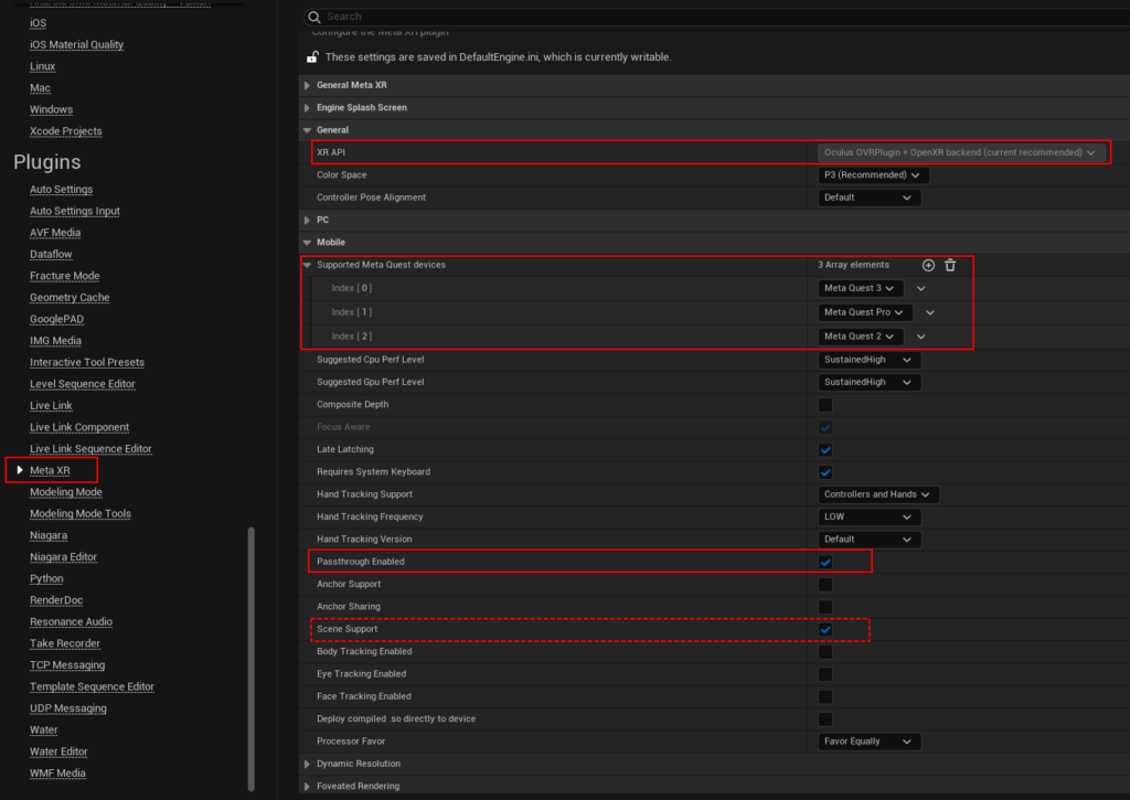 Paramètres du plugin MetaXR