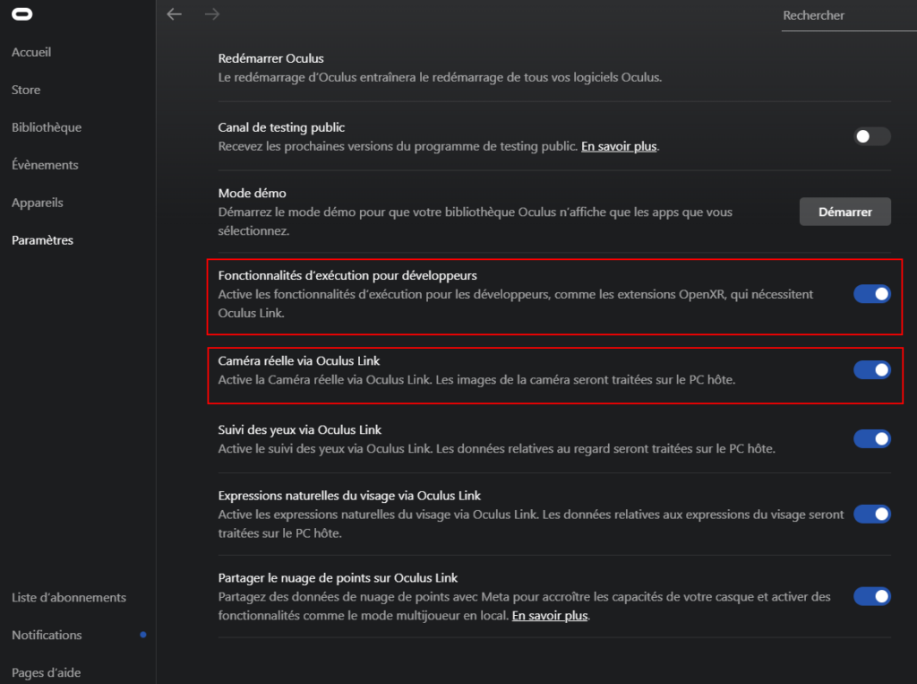 Paramètres de l'application Oculus Home